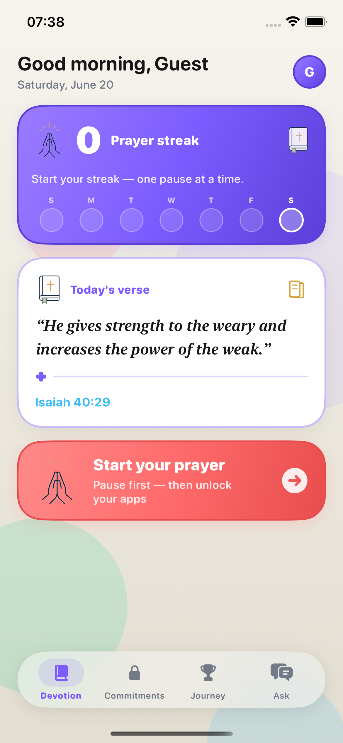BibleLock home screen with prayer streak, today's verse, and a Start your prayer button