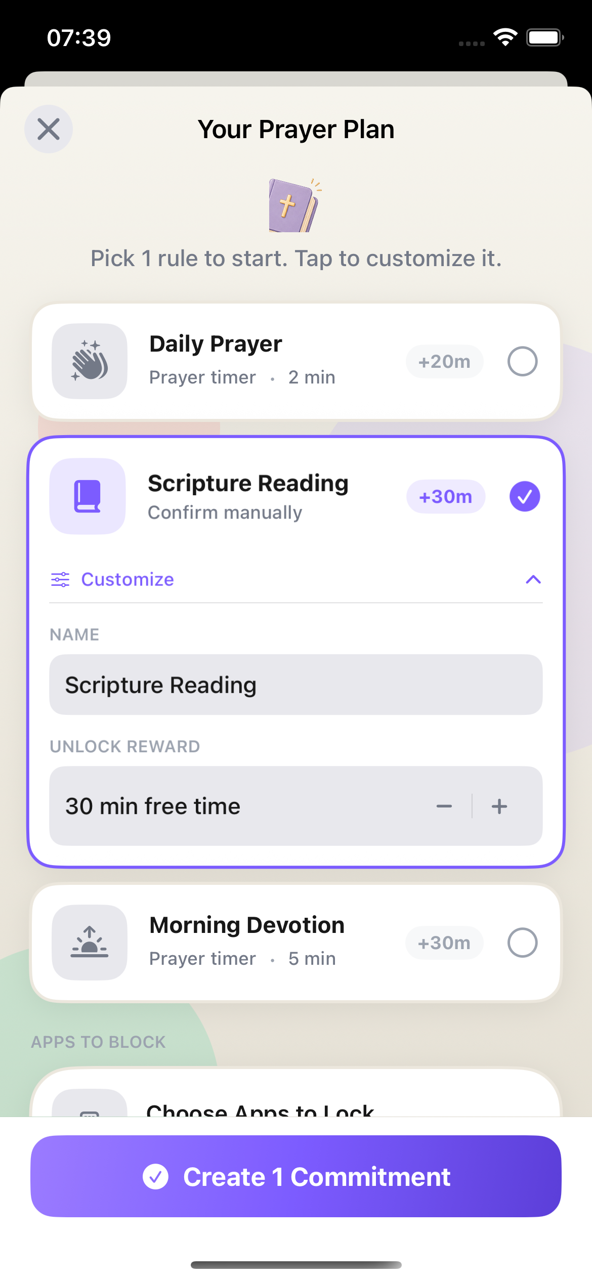 Your Prayer Plan screen with Daily Prayer, Scripture Reading, and Morning Devotion commitments