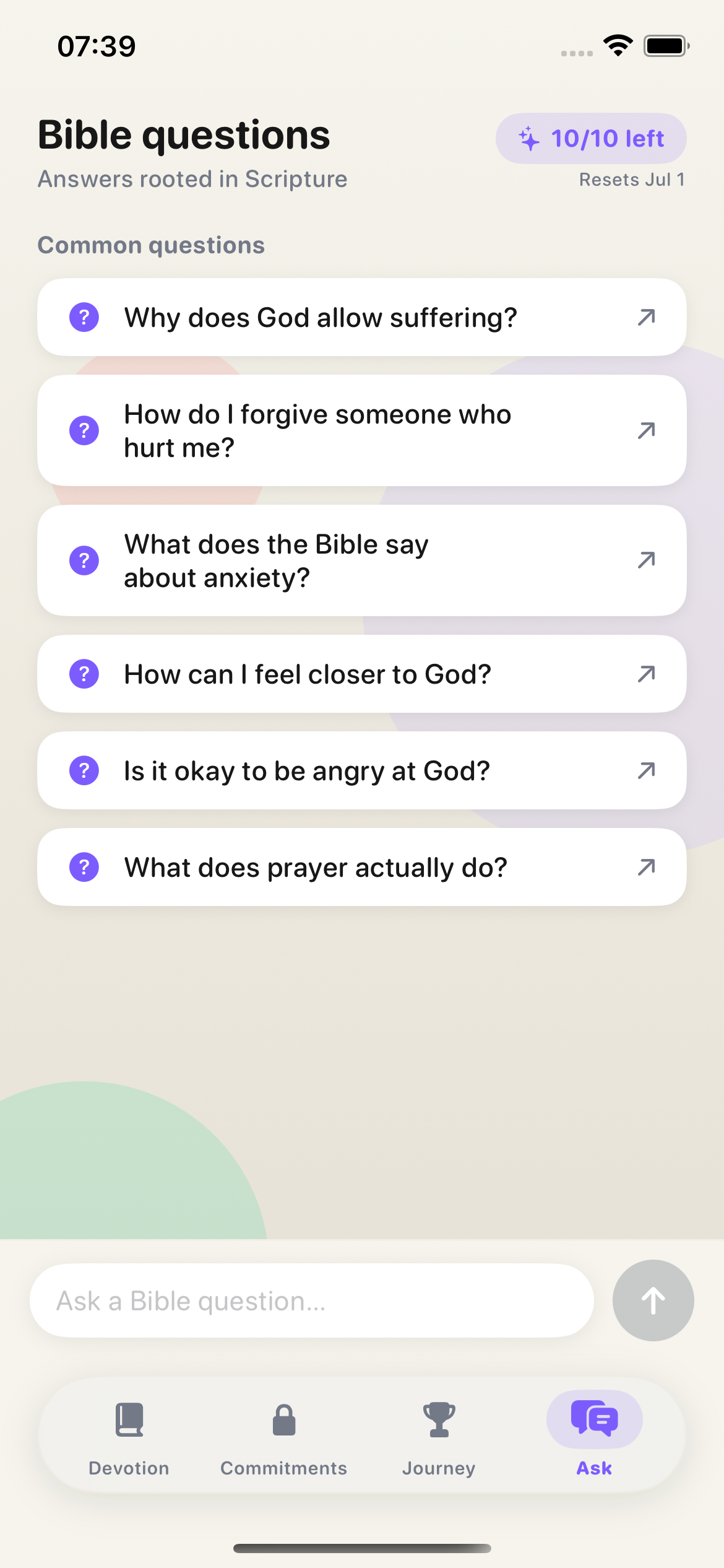 Bible questions screen with common questions answered from Scripture